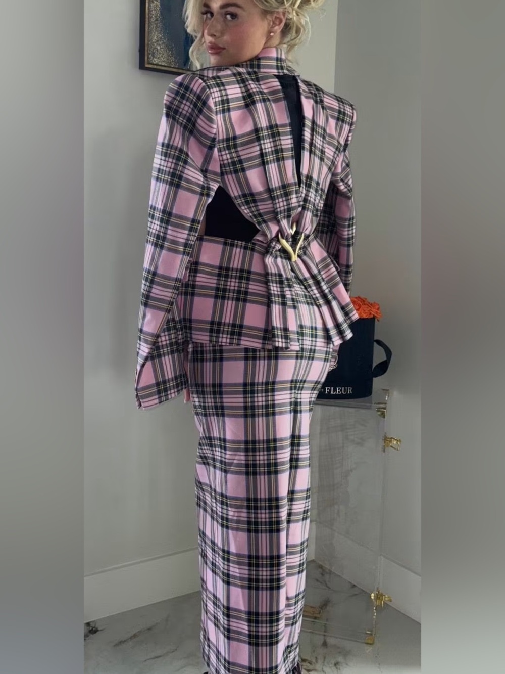 AREA Pink & Black Plaid Tailored Blazer and Skirt Set